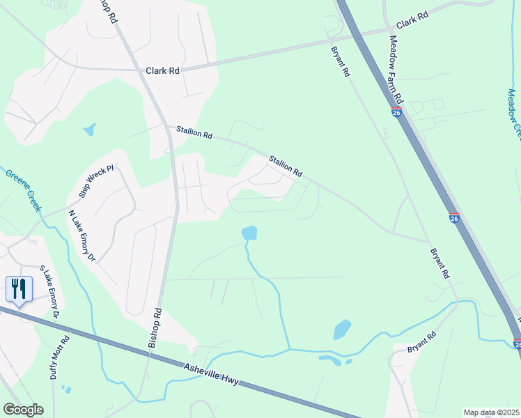 map of restaurants, bars, coffee shops, grocery stores, and more near 242 Stallion Road in Inman
