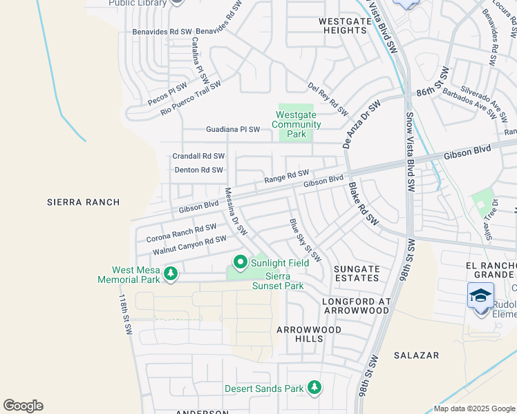 map of restaurants, bars, coffee shops, grocery stores, and more near 10408 Sandy Ridge Road Southwest in Albuquerque