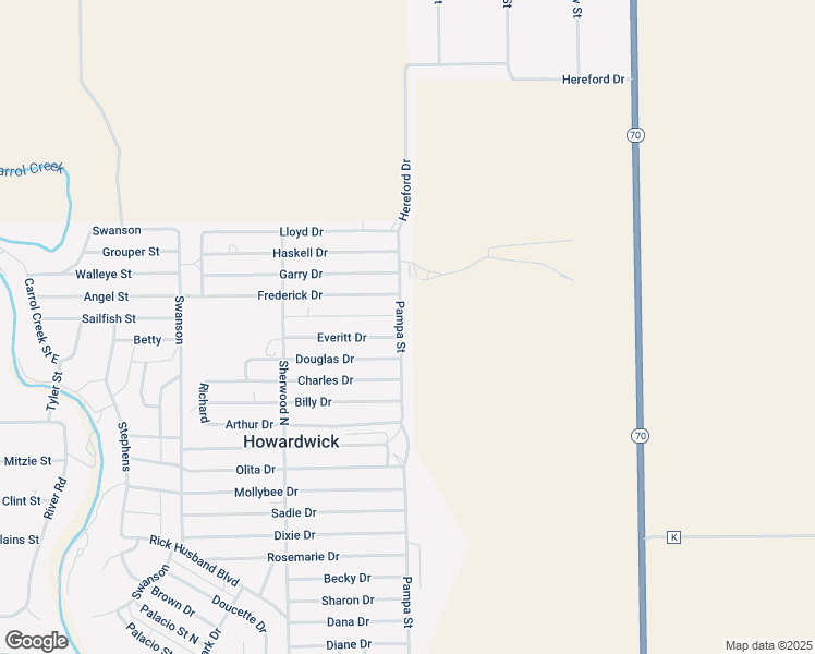 map of restaurants, bars, coffee shops, grocery stores, and more near Pampa Street in Howardwick