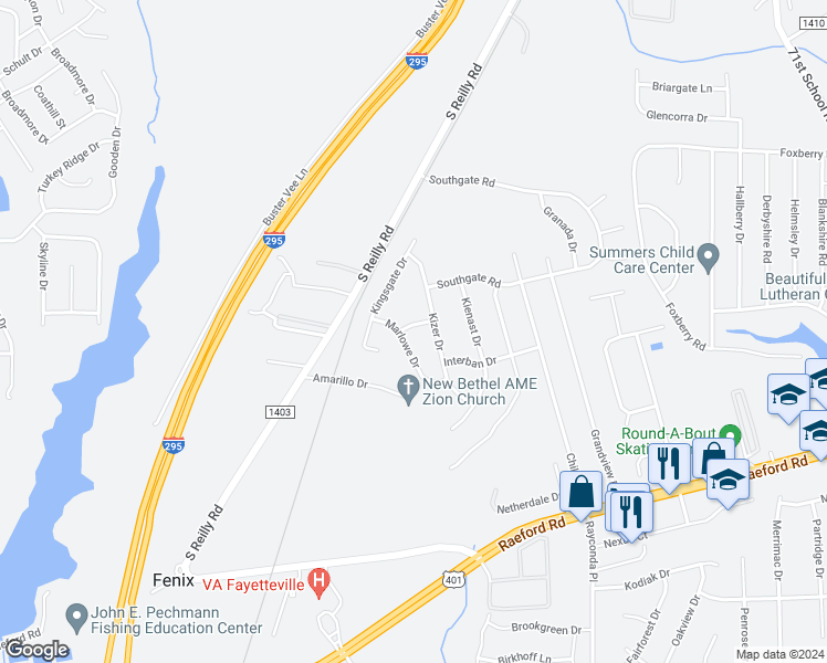 map of restaurants, bars, coffee shops, grocery stores, and more near 6813 Sugarbin Lane in Fayetteville