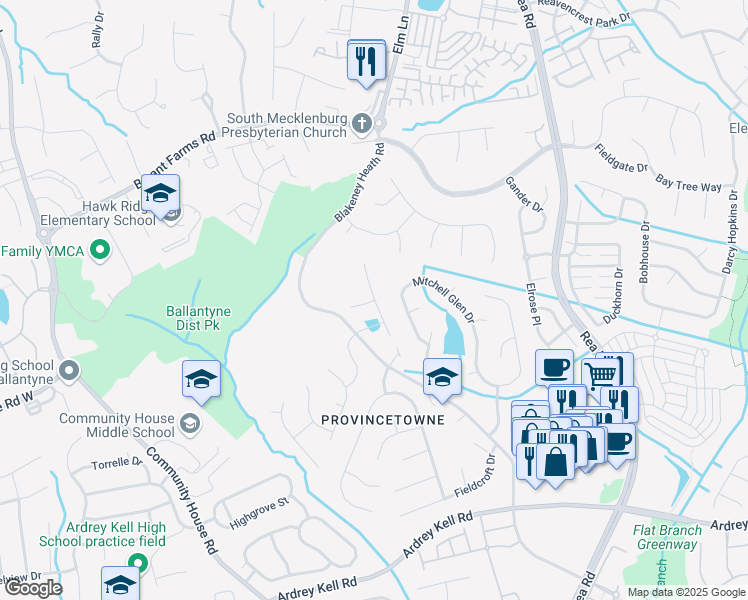 map of restaurants, bars, coffee shops, grocery stores, and more near Basie Park Court in Charlotte