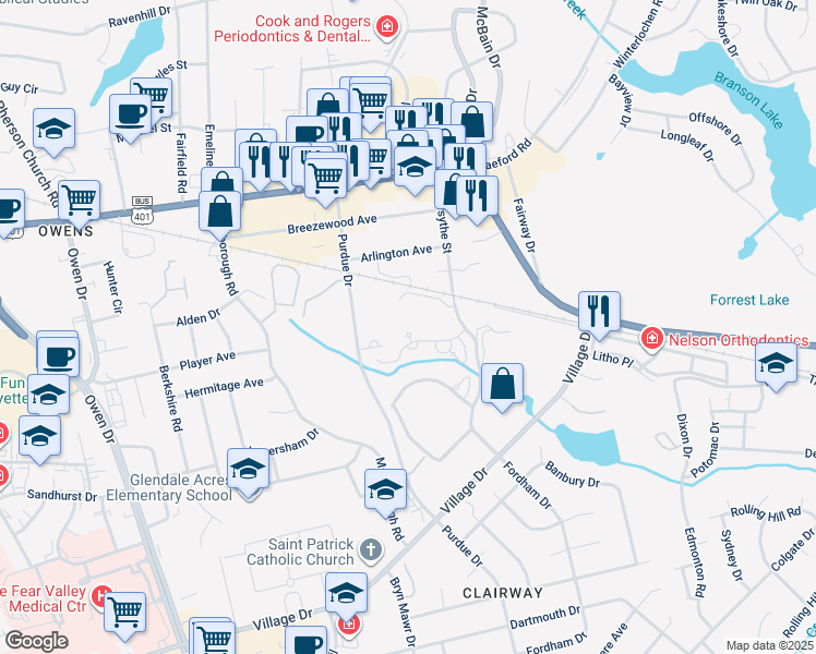 map of restaurants, bars, coffee shops, grocery stores, and more near 801 Misty Meadow Lane in Fayetteville