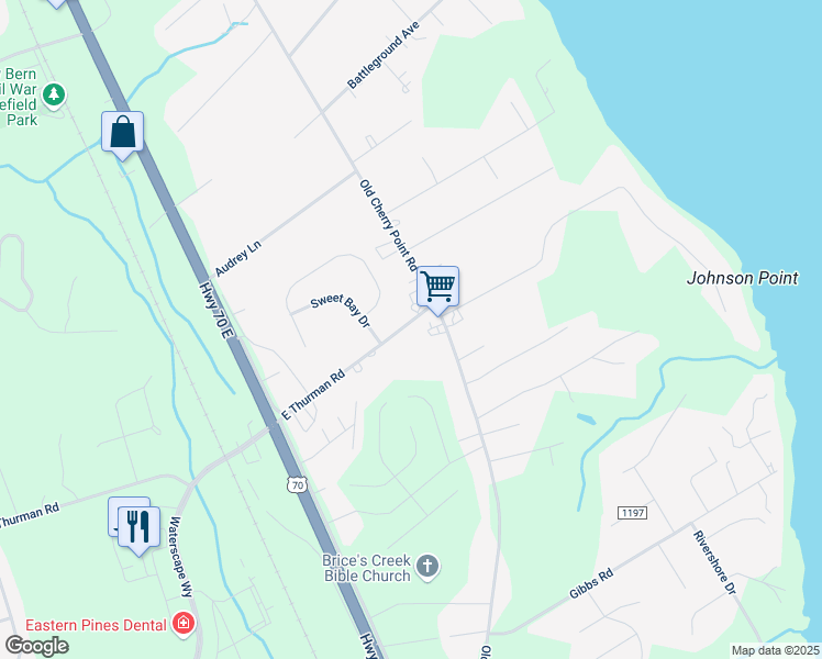map of restaurants, bars, coffee shops, grocery stores, and more near 403 East Thurman Road in New Bern