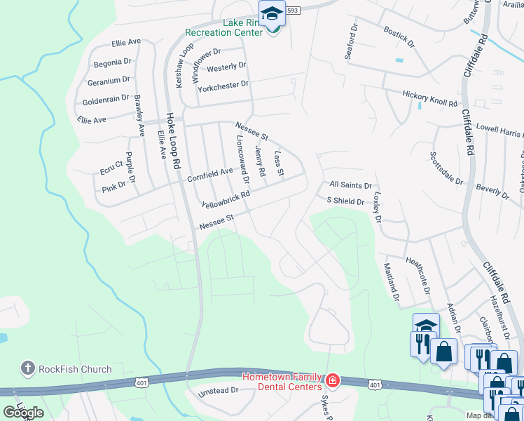map of restaurants, bars, coffee shops, grocery stores, and more near 5412 Nessee Street in Fayetteville