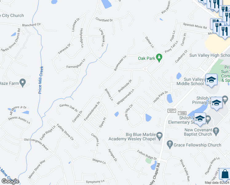map of restaurants, bars, coffee shops, grocery stores, and more near 2022 Bridleside Drive in Indian Trail