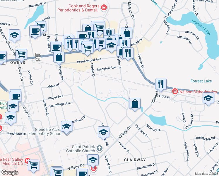 map of restaurants, bars, coffee shops, grocery stores, and more near 801 Misty Meadow Lane in Fayetteville