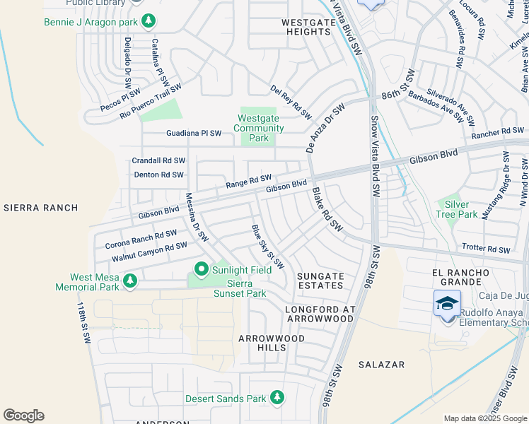 map of restaurants, bars, coffee shops, grocery stores, and more near 2300 Blue Sky Street Southwest in Albuquerque