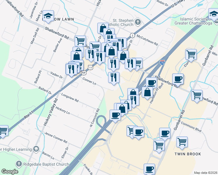 map of restaurants, bars, coffee shops, grocery stores, and more near 6881 Conner Lane in Chattanooga
