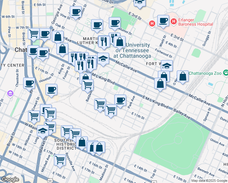 map of restaurants, bars, coffee shops, grocery stores, and more near in Chattanooga