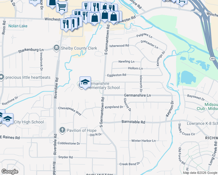 map of restaurants, bars, coffee shops, grocery stores, and more near 7213 Woodshire Road in Memphis