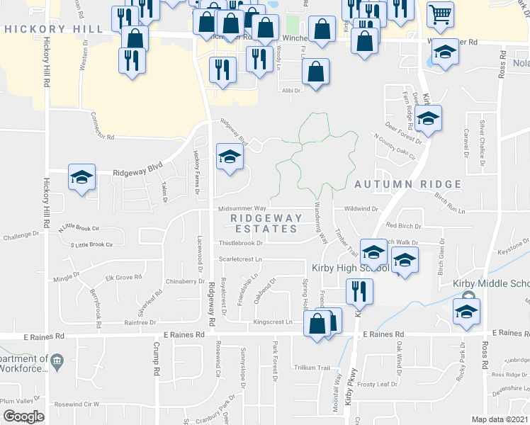 map of restaurants, bars, coffee shops, grocery stores, and more near 6300 Midsummer Way in Memphis