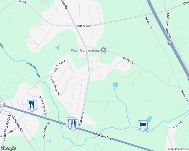 map of restaurants, bars, coffee shops, grocery stores, and more near 303 North Ivestor Court in Inman