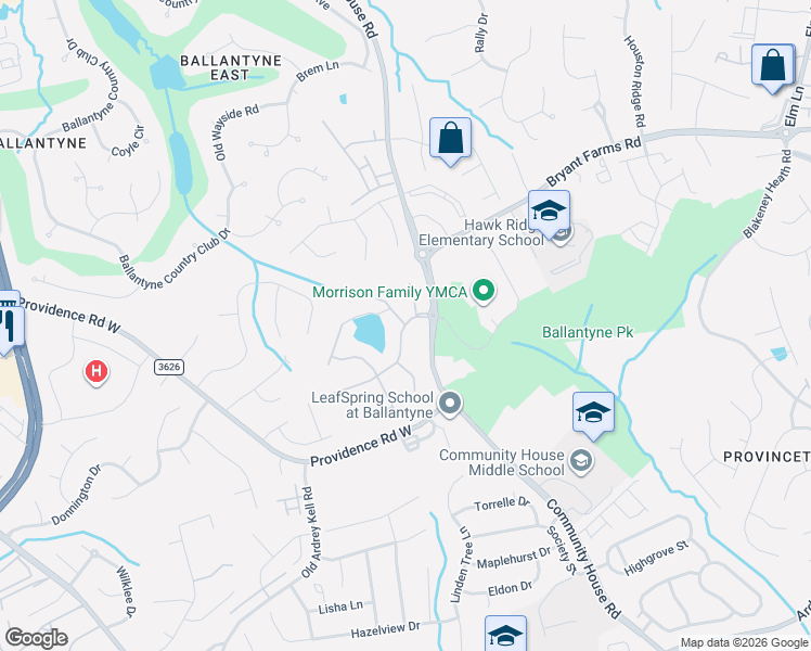 map of restaurants, bars, coffee shops, grocery stores, and more near Willow Rock Dr & Chaumont Ln in Charlotte