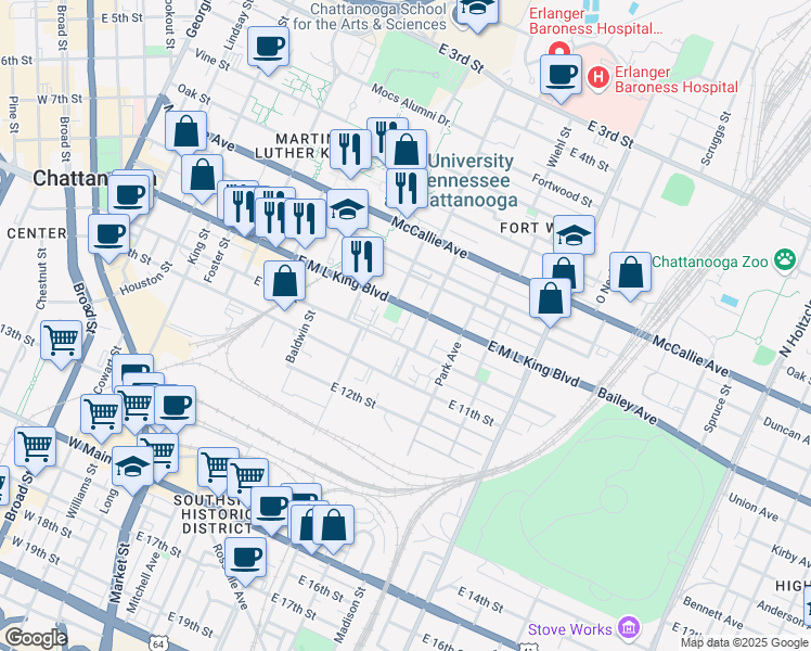 map of restaurants, bars, coffee shops, grocery stores, and more near 916 Wall Street in Chattanooga
