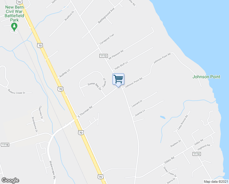 map of restaurants, bars, coffee shops, grocery stores, and more near 403 East Thurman Road in New Bern