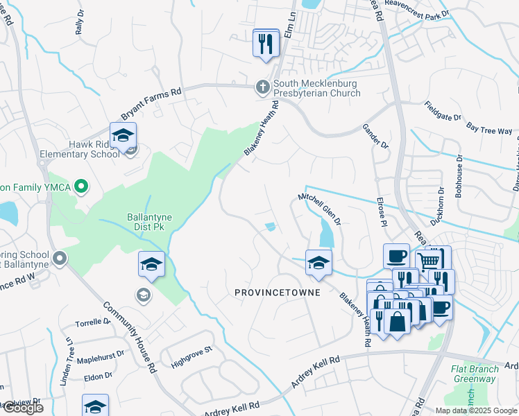 map of restaurants, bars, coffee shops, grocery stores, and more near 8612 Goodman Park Court in Charlotte