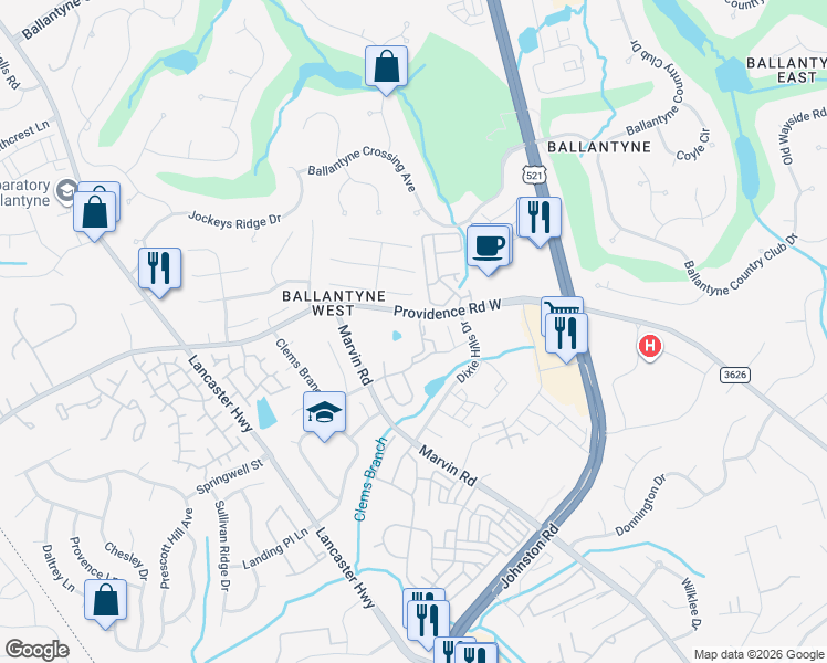 map of restaurants, bars, coffee shops, grocery stores, and more near 15206 Coventry Court Lane in Charlotte