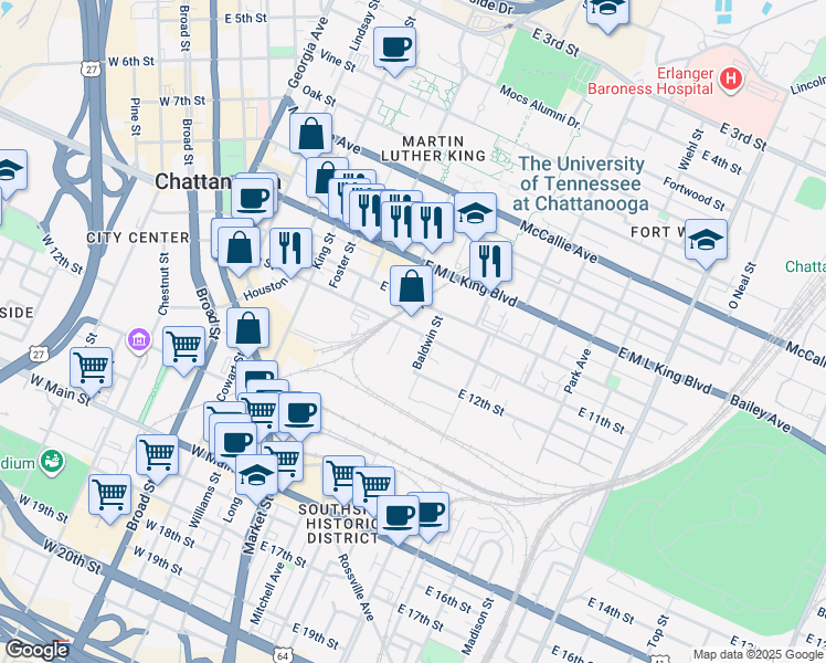 map of restaurants, bars, coffee shops, grocery stores, and more near 610 East 11th Street in Chattanooga