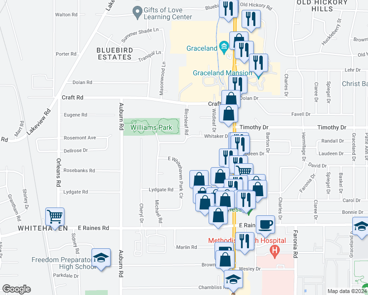map of restaurants, bars, coffee shops, grocery stores, and more near 1020 Whitaker Drive in Memphis