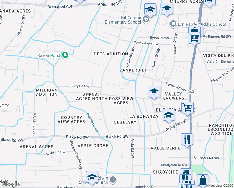 map of restaurants, bars, coffee shops, grocery stores, and more near 2107 Valley Road Southwest in Albuquerque