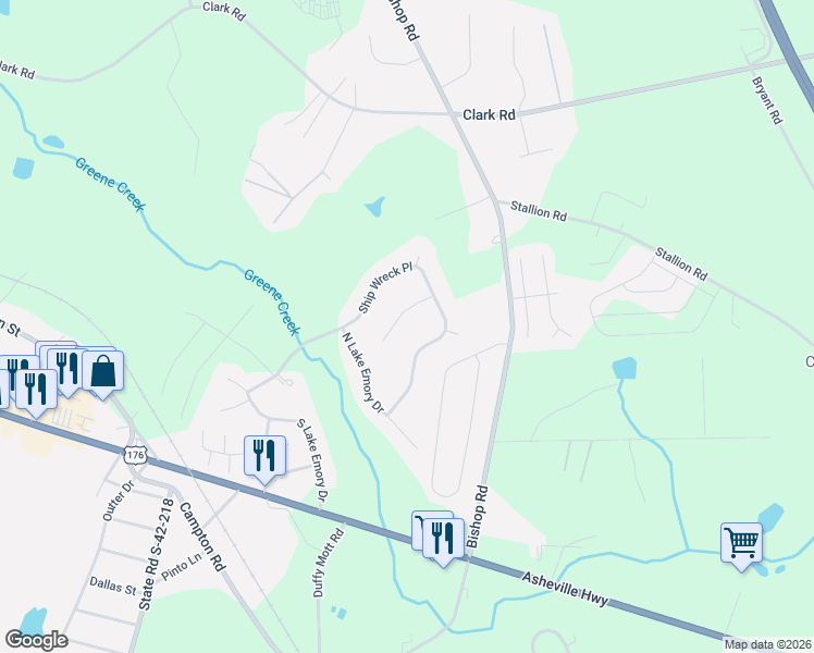 map of restaurants, bars, coffee shops, grocery stores, and more near 309 Fishermans Cove in Inman