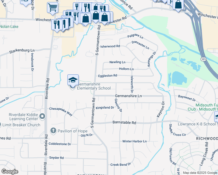 map of restaurants, bars, coffee shops, grocery stores, and more near 7261 Woodshire Road in Memphis