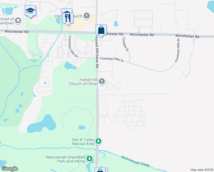map of restaurants, bars, coffee shops, grocery stores, and more near 3950 Forest Hill Irene Road in Memphis