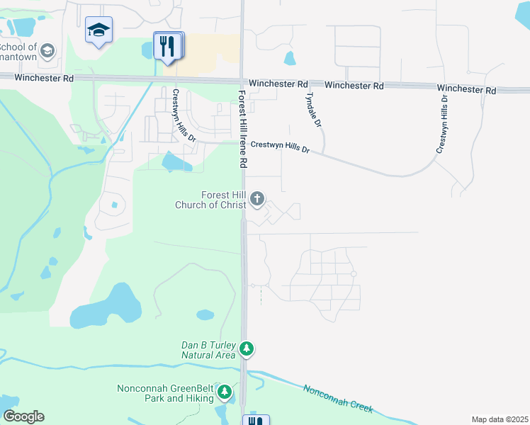 map of restaurants, bars, coffee shops, grocery stores, and more near 3950 Forest Hill Irene Road in Memphis