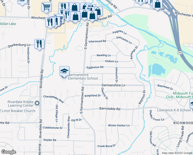 map of restaurants, bars, coffee shops, grocery stores, and more near 7261 Woodshire Road in Memphis