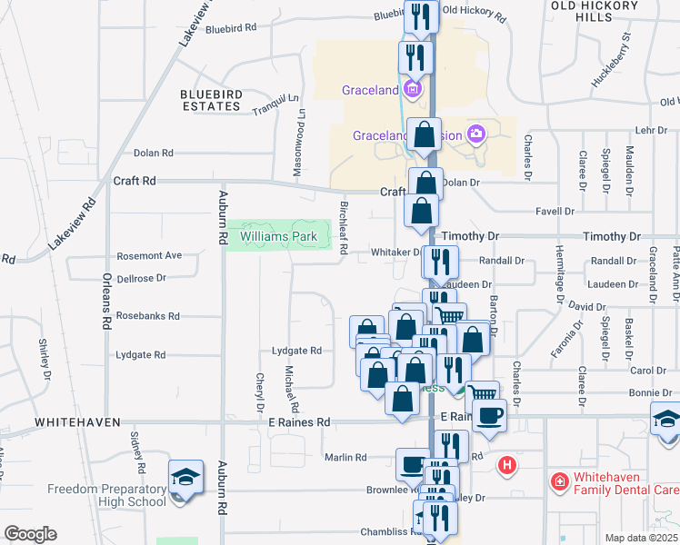 map of restaurants, bars, coffee shops, grocery stores, and more near 1020 Whitaker Drive in Memphis