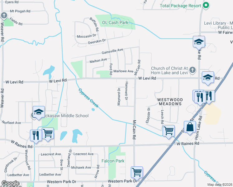 map of restaurants, bars, coffee shops, grocery stores, and more near 499 Lemac Drive in Memphis