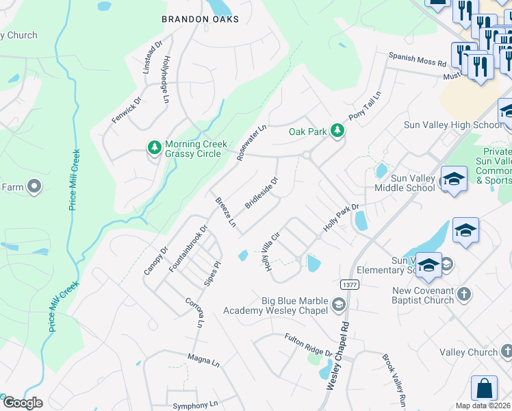 map of restaurants, bars, coffee shops, grocery stores, and more near 2012 Bridleside Drive in Indian Trail