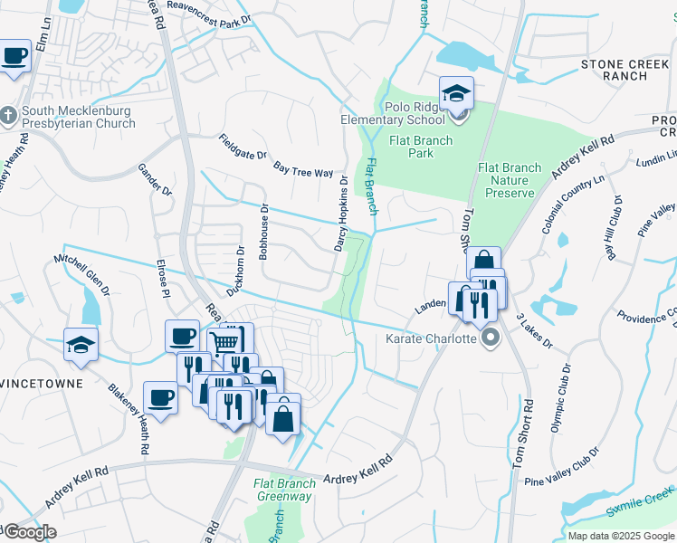map of restaurants, bars, coffee shops, grocery stores, and more near 8604 Darcy Hopkins Drive in Charlotte