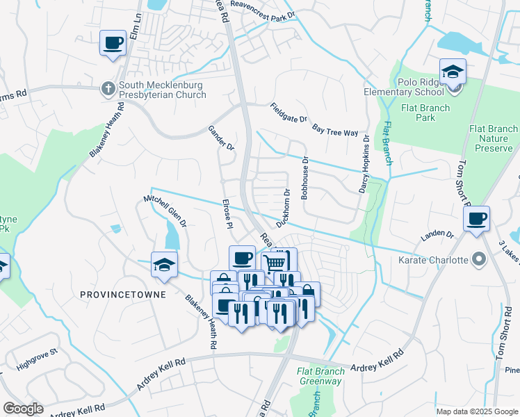 map of restaurants, bars, coffee shops, grocery stores, and more near 9101 Duckhorn Drive in Charlotte