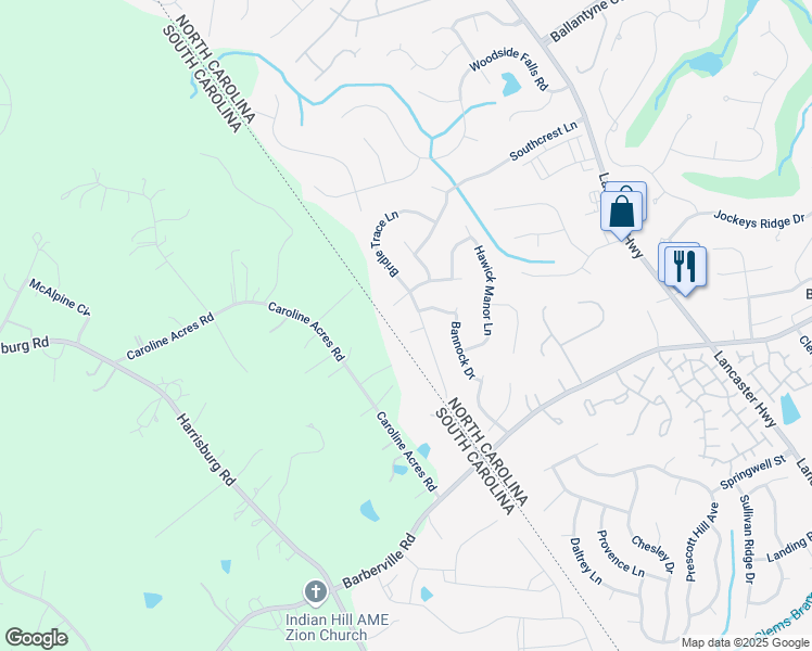 map of restaurants, bars, coffee shops, grocery stores, and more near 12112 Windfall Place in Pineville