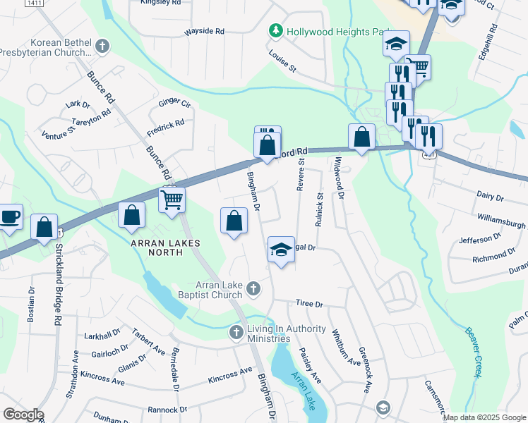 map of restaurants, bars, coffee shops, grocery stores, and more near 1015 Bingham Drive in Fayetteville