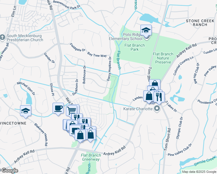 map of restaurants, bars, coffee shops, grocery stores, and more near 8604 Darcy Hopkins Drive in Charlotte