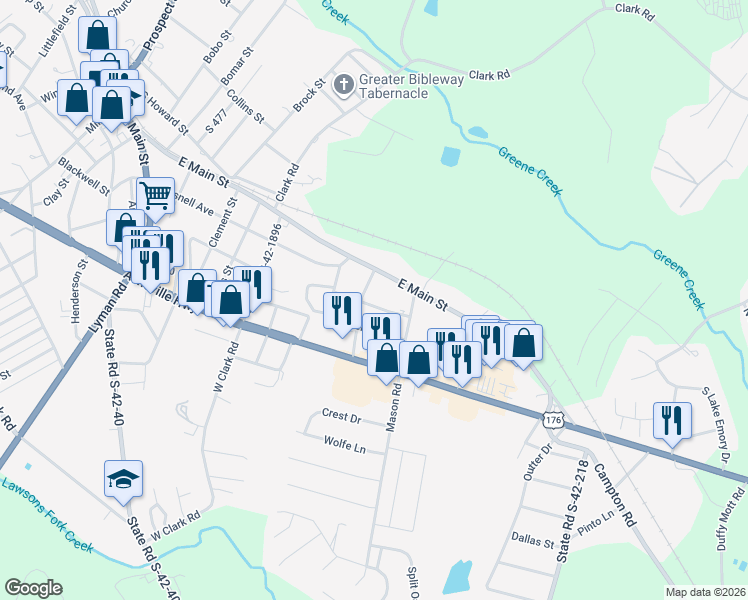 map of restaurants, bars, coffee shops, grocery stores, and more near 202 Water Oak Street in Inman