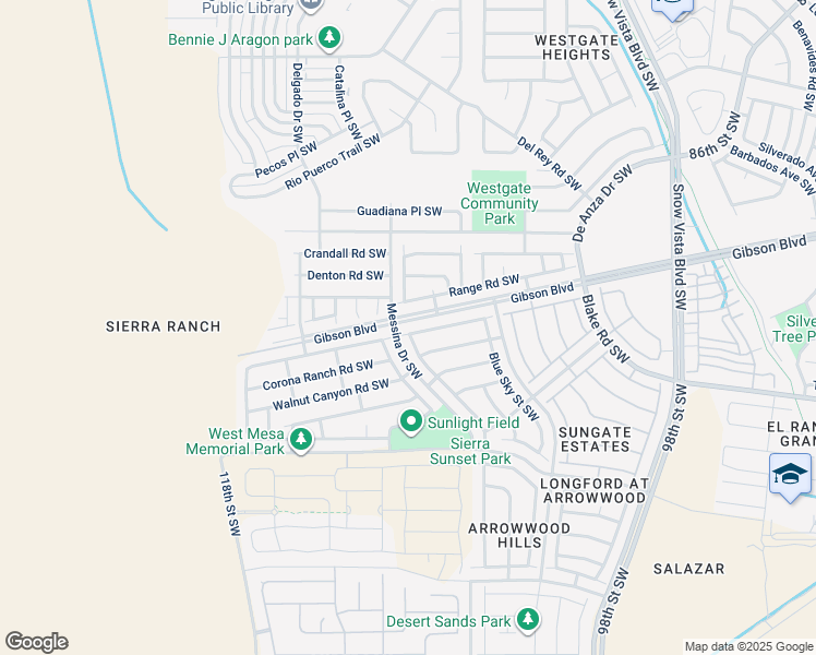 map of restaurants, bars, coffee shops, grocery stores, and more near 10519 Sandy Ridge Road Southwest in Albuquerque