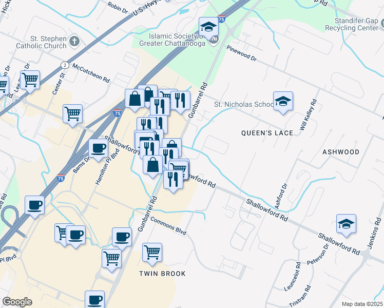 map of restaurants, bars, coffee shops, grocery stores, and more near 7417 Preston Circle in Chattanooga
