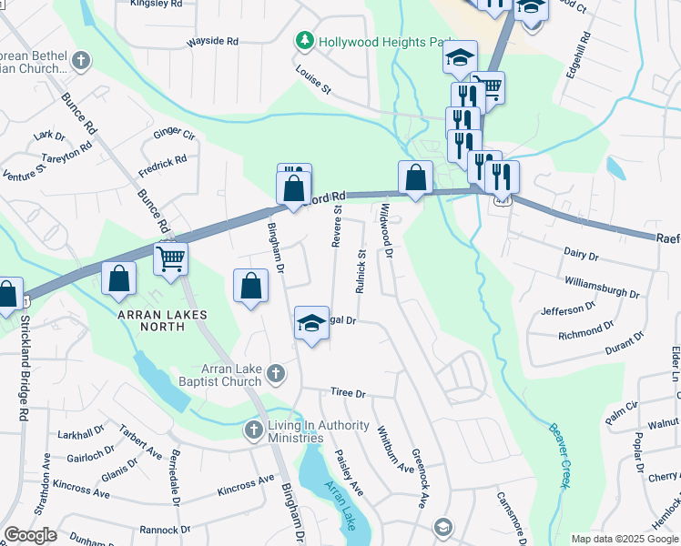 map of restaurants, bars, coffee shops, grocery stores, and more near 1059 Revere Street in Fayetteville