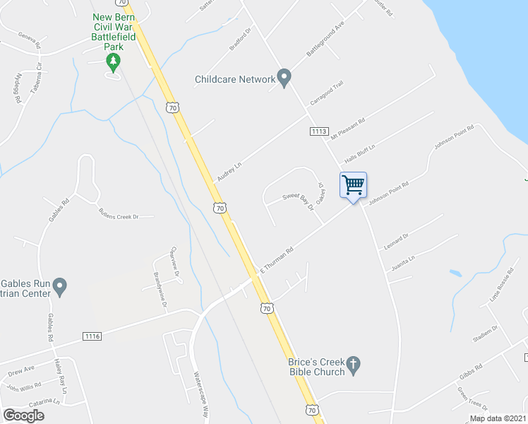 map of restaurants, bars, coffee shops, grocery stores, and more near 168 Oakley Drive in New Bern