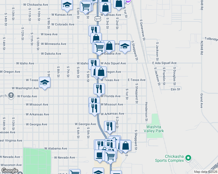 map of restaurants, bars, coffee shops, grocery stores, and more near 925 South 3rd Street in Chickasha