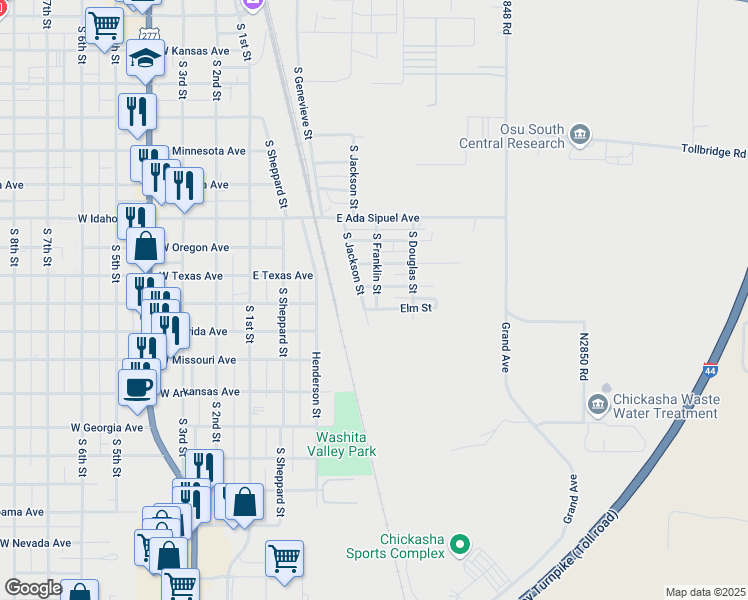 map of restaurants, bars, coffee shops, grocery stores, and more near 404 Walnut Street in Chickasha