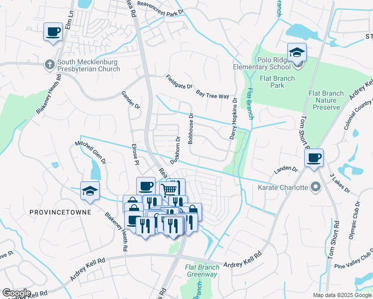 map of restaurants, bars, coffee shops, grocery stores, and more near 12512 Bobhouse Drive in Charlotte