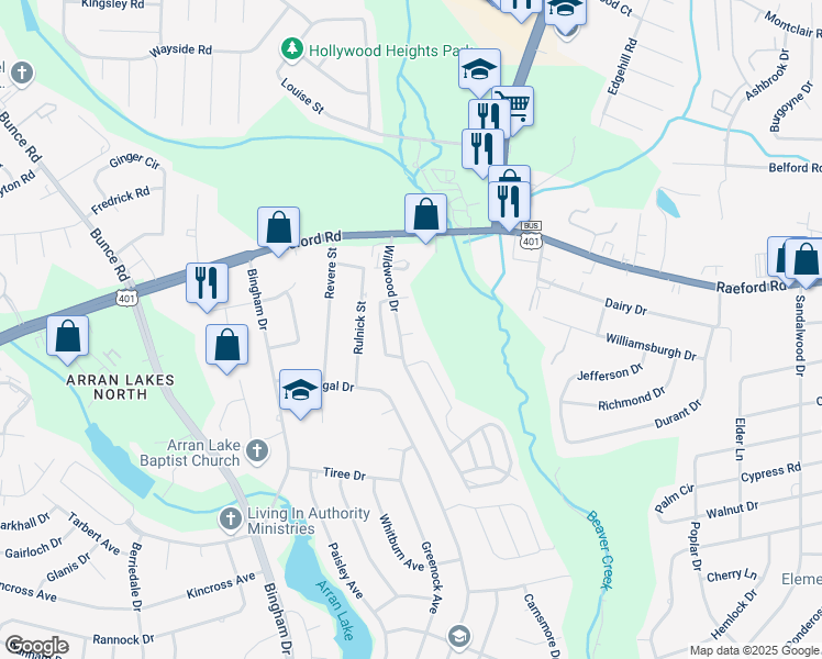 map of restaurants, bars, coffee shops, grocery stores, and more near 40 Windy Birch Circle in Fayetteville