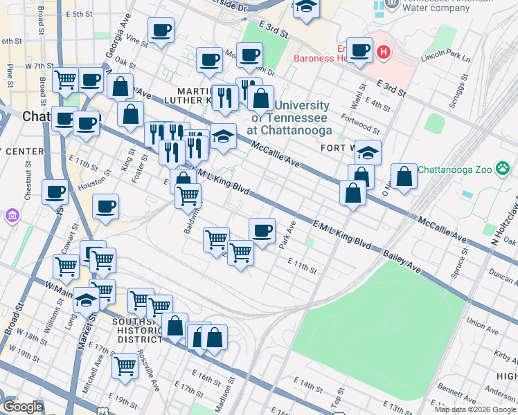 map of restaurants, bars, coffee shops, grocery stores, and more near in Chattanooga
