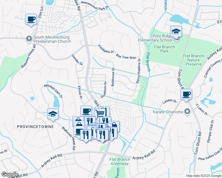 map of restaurants, bars, coffee shops, grocery stores, and more near 12512 Bobhouse Drive in Charlotte