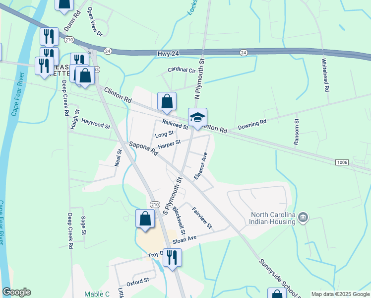 map of restaurants, bars, coffee shops, grocery stores, and more near 1734 Harper St in Fayetteville