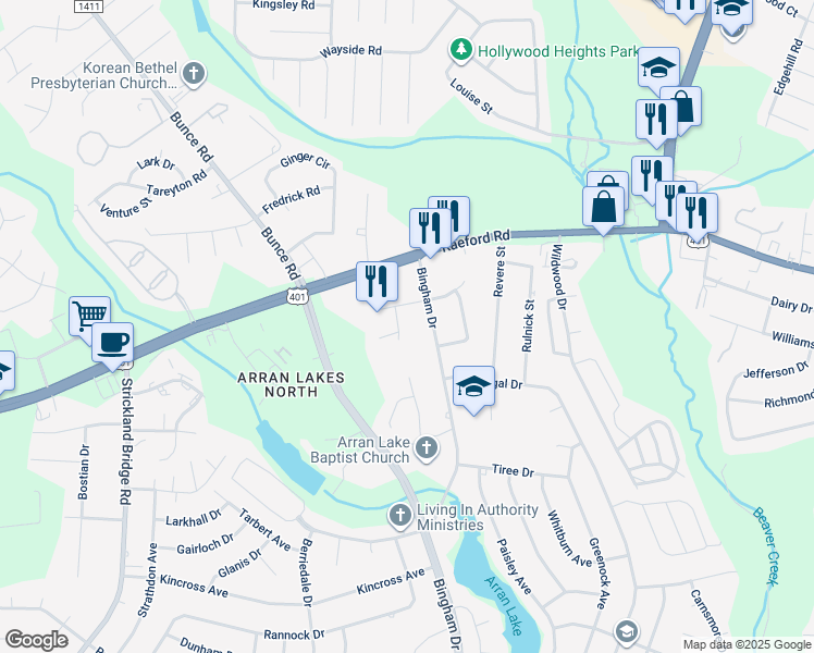 map of restaurants, bars, coffee shops, grocery stores, and more near 6303 West Darrow Drive in Fayetteville
